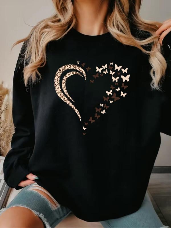 Women'WB shield Butterfly & Heart Print Drop Shoulder Sweatshirt, Casual Long Sleeve Round Neck Pullover for Fall &...
