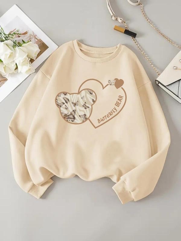 Women'WB shield Butterfly & Heart Print Drop Shoulder Sweatshirt, Casual Long Sleeve Round Neck Pullover for Fall &...