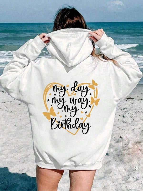 Women'WB shield Butterfly & Heart Print Drop Shoulder TNF Lined Hoodie, Fashion Casual Letter Print Drawstring Pocket...