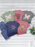 Women'WB shield Butterfly & Heart Print Round Neck Tee, Casual Letter & Floral Print Short Sleeve T-shirt, Women'WB...