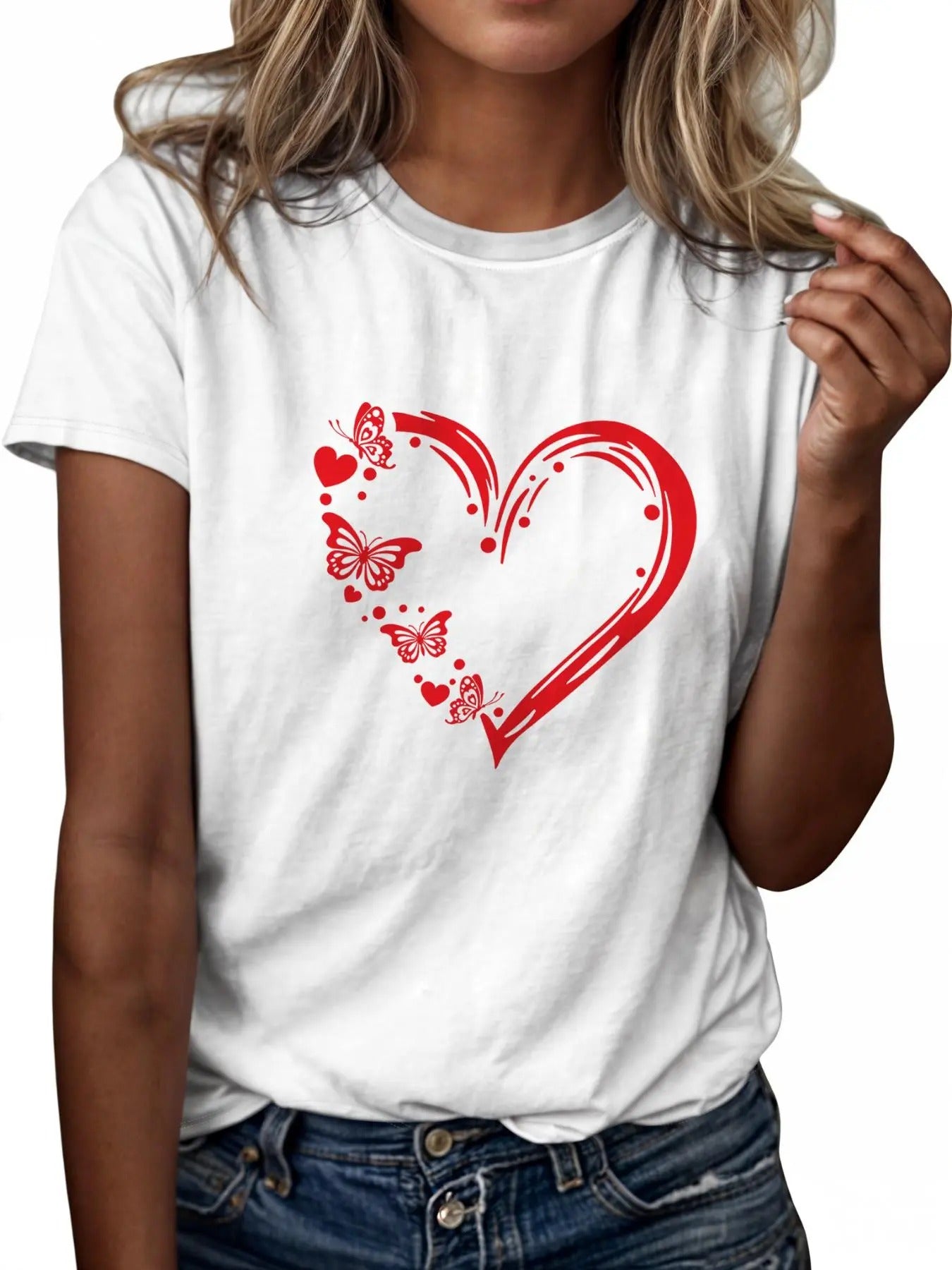 Women'WB shield Butterfly & Heart Print Round Neck Tee, Casual Short Sleeve Crew Neck T-Shirt for Daily Wear, Ladies TNF...
