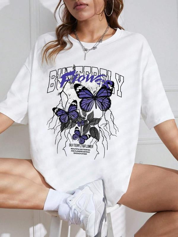 Women'WB shield Butterfly & Letter & Lightning Print Round Neck Drop Shoulder Tee, Summer TNF Women, Fashion Casual...