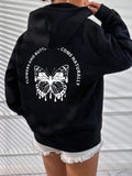 Women'WB shield Butterfly & Letter Print Drawstring Pocket Drop Shoulder Hoodie, Fashion Casual Hooded Sweatshirt for...