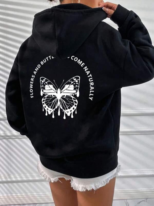 Women'WB shield Butterfly & Letter Print Drawstring Pocket Drop Shoulder Hoodie, Fashion Casual Hooded Sweatshirt for...