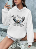 Women'WB shield Butterfly & Letter Print Drop Shoulder Hoodie, Casual Hooded Sweatshirt for Daily Holiday Outdoor Wear,...
