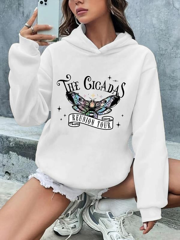 Women'WB shield Butterfly & Letter Print Drop Shoulder Hoodie, Casual Hooded Sweatshirt for Daily Holiday Outdoor Wear,...