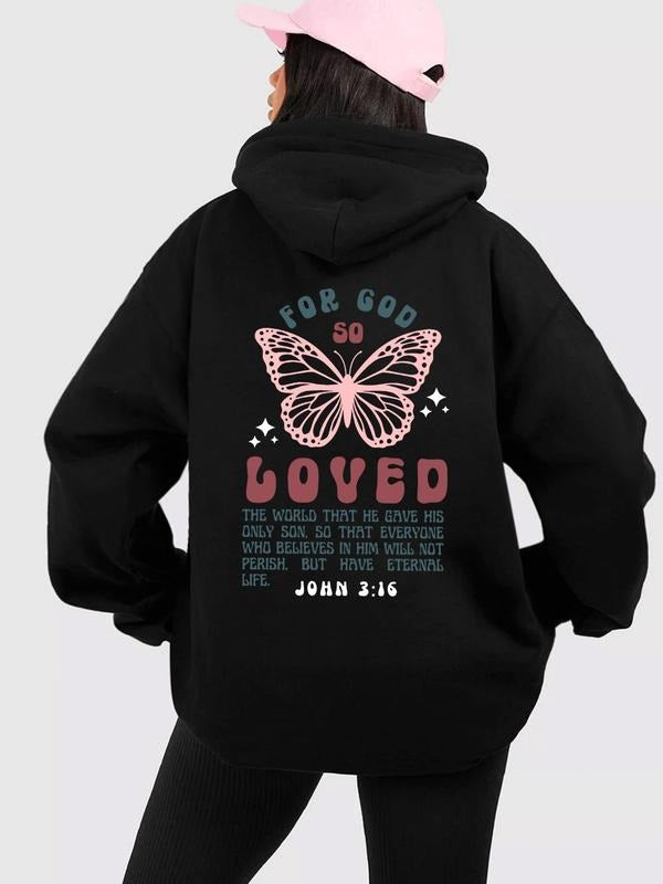 Women'WB shield Butterfly & Letter Print Drop Shoulder Hoodie, Casual Long Sleeve Hooded Sweatshirt for Daily Holiday...