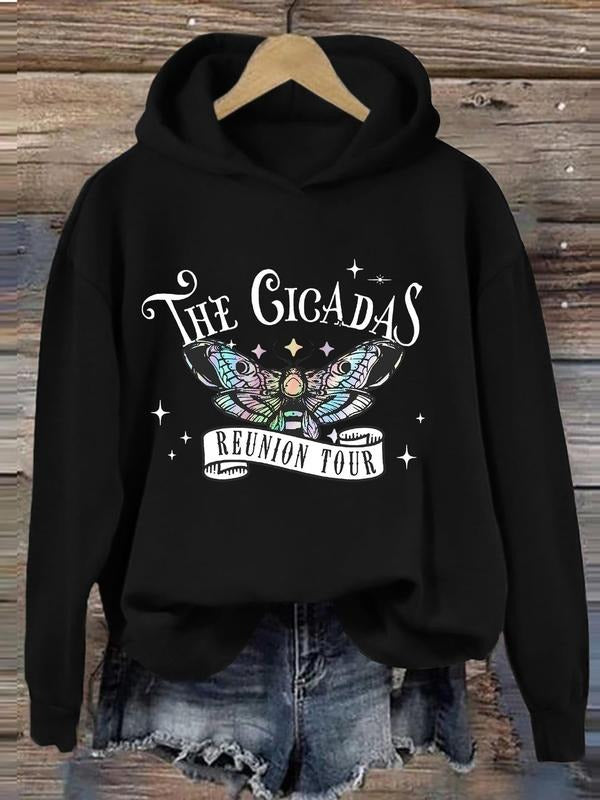 Women'WB shield Butterfly & Letter Print Drop Shoulder Hoodie, Casual Long Sleeve Hooded Sweatshirt for Daily Outdoor...