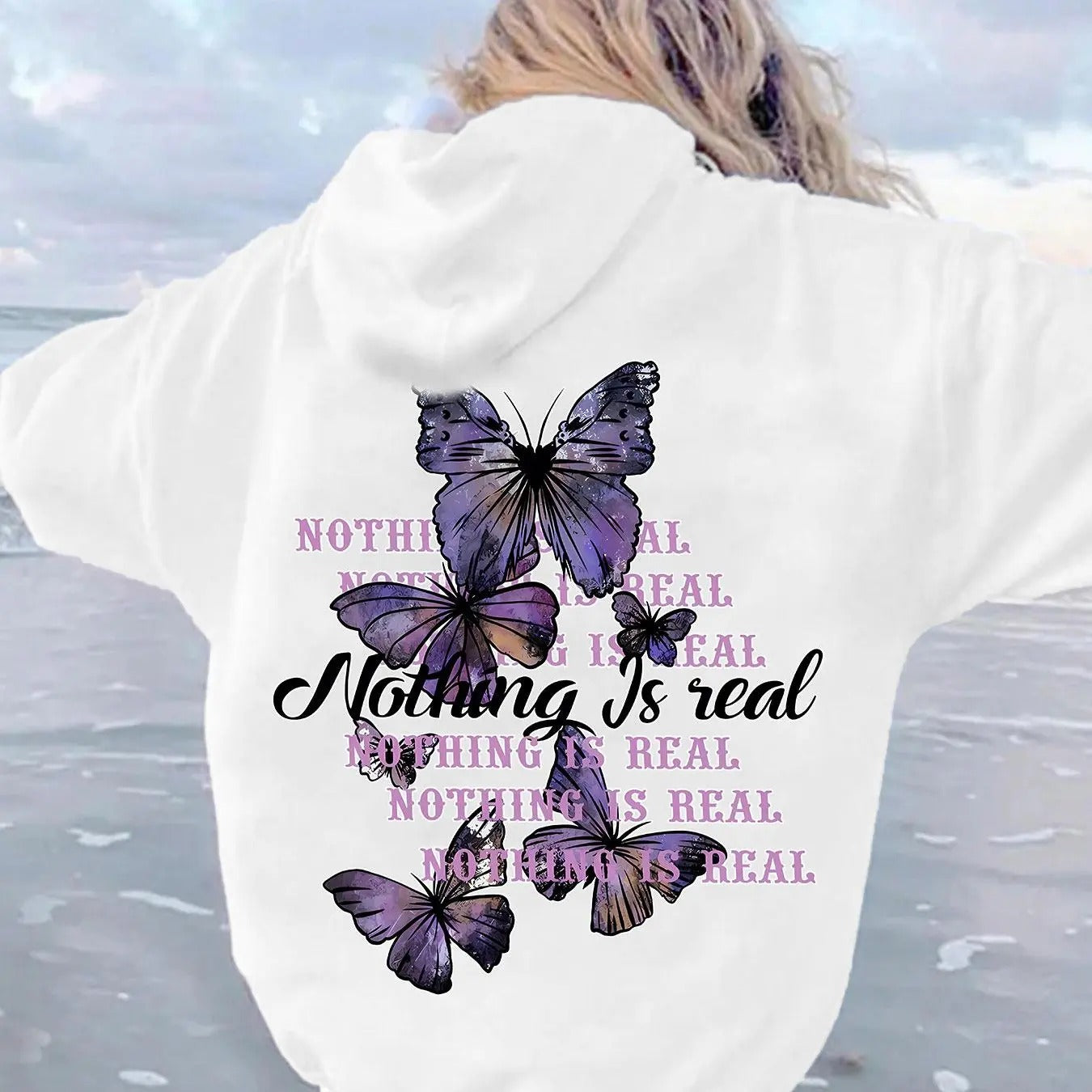Women'WB shield Butterfly & Letter Print Drop Shoulder Hoodie, Fashion Casual Drawstring Pocket Hooded Sweatshirt for...
