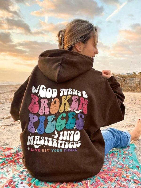 Women'WB shield Butterfly & Letter Print Drop Shoulder Hoodie, Fashion Casual Drawstring Pocket Hooded Sweatshirt for...