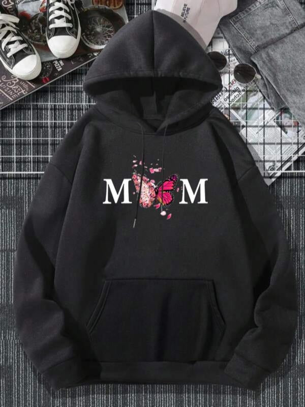 Women'WB shield Butterfly & Letter Print Drop Shoulder Hoodie, Fashion Casual Drawstring Pocket Hooded Sweatshirt for...