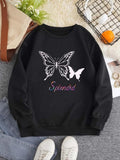 Women'WB shield Butterfly & Letter Print Drop Shoulder Sweatshirt, Casual Long-Sleeve Crew Neck Pullover For Daily Wear,...