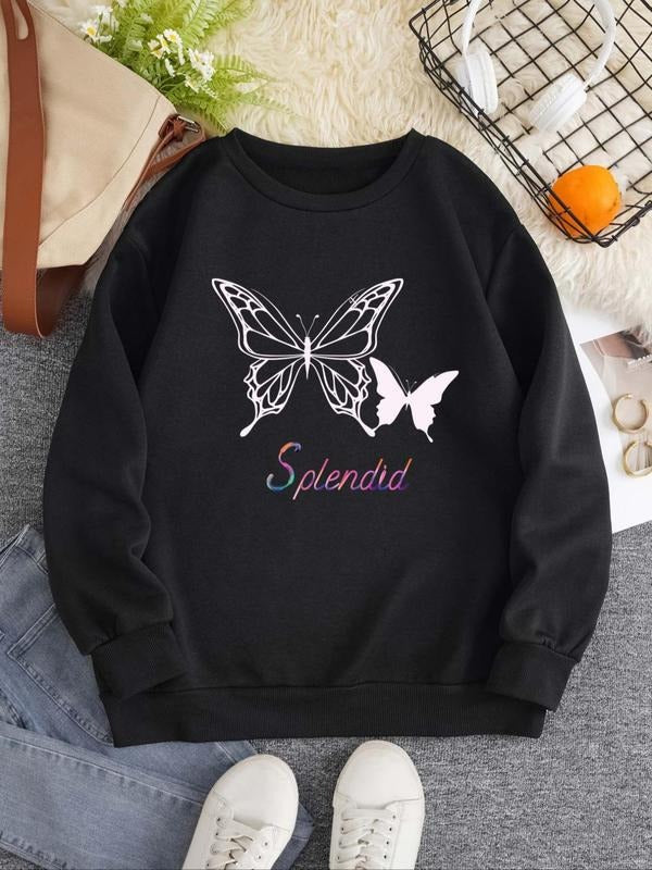 Women'WB shield Butterfly & Letter Print Drop Shoulder Sweatshirt, Casual Long-Sleeve Crew Neck Pullover For Daily Wear,...