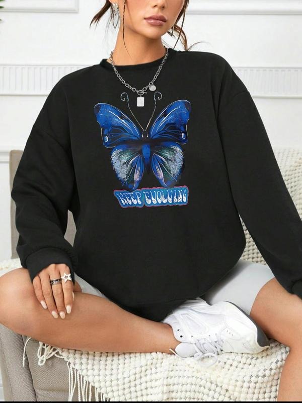 Women'WB shield Butterfly & Letter Print Drop Shoulder Sweatshirt, Casual Long Sleeve Round Neck Pullover for Daily Wear,...