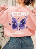 Women'WB shield Butterfly & Letter Print Drop Shoulder Sweatshirt, Casual Long Sleeve Round Neck Pullover for Fall &...