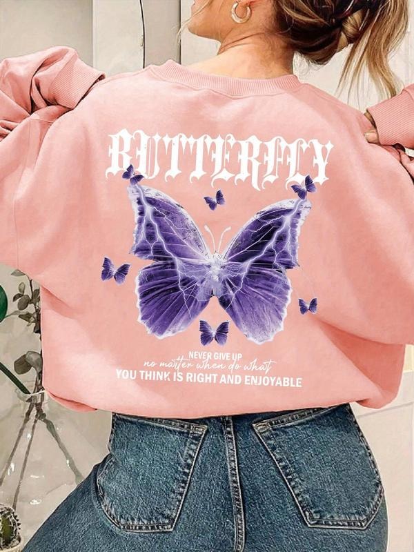 Women'WB shield Butterfly & Letter Print Drop Shoulder Sweatshirt, Casual Long Sleeve Round Neck Pullover for Fall &...