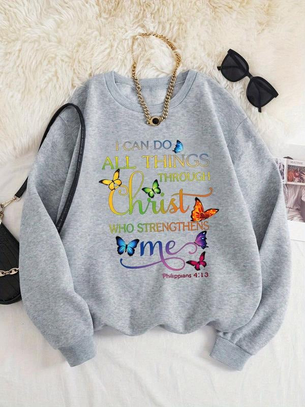 Women'WB shield Butterfly & Letter Print Drop Shoulder Sweatshirt, Casual Long Sleeve Round Neck Pullover for Fall &...