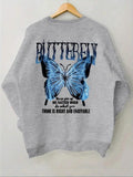 Women'WB shield Butterfly & Letter Print Drop Shoulder Sweatshirt, Casual Long Sleeve Round Neck Pullover for Fall &...