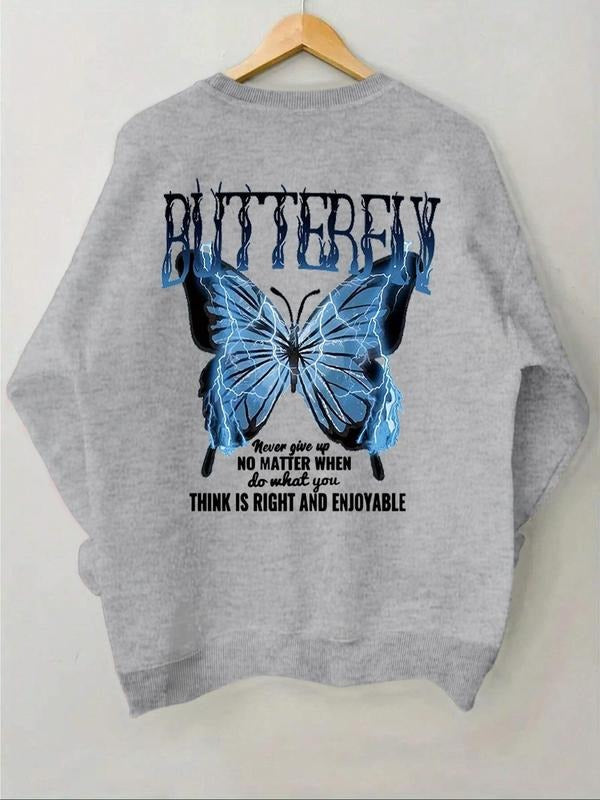 Women'WB shield Butterfly & Letter Print Drop Shoulder Sweatshirt, Casual Long Sleeve Round Neck Pullover for Fall &...