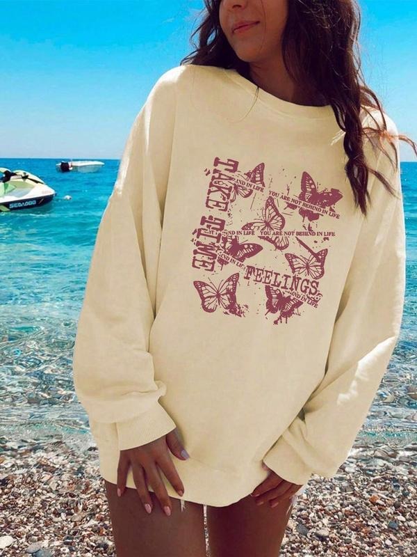 Women'WB shield Butterfly & Letter Print Drop Shoulder TNF Lined Sweatshirt, Casual Long Sleeve Round Neck Pullover for...