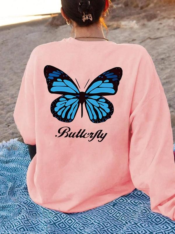 Women'WB shield Butterfly & Letter Print Drop Shoulder TNF Lined Sweatshirt, Fashion Casual Crew Neck Sweatshirt for...
