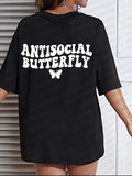Women'WB shield Butterfly & Letter Print Drop Shoulder Tee, Casual Half Sleeve Round Neck T-Shirt for Summer, Women'WB...