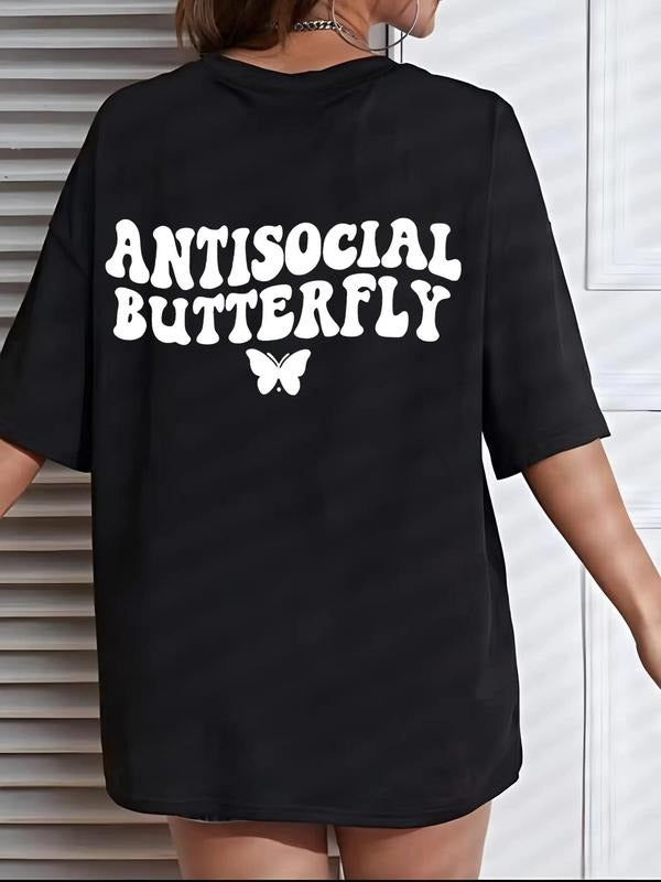 Women'WB shield Butterfly & Letter Print Drop Shoulder Tee, Casual Half Sleeve Round Neck T-Shirt for Summer, Women'WB...