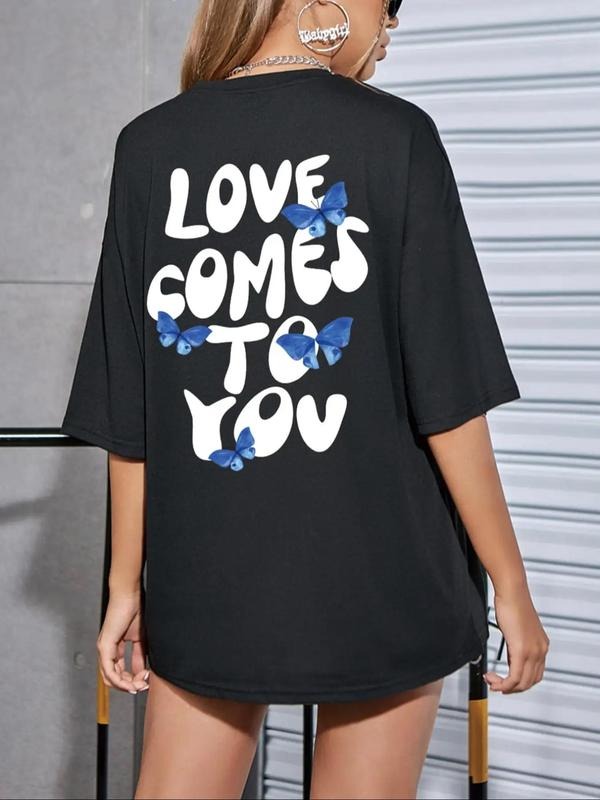 Women'WB shield Butterfly & Letter Print Drop Shoulder Tee, Casual Round Neck Half Sleeve T-Shirt, Summer TNF Women,...