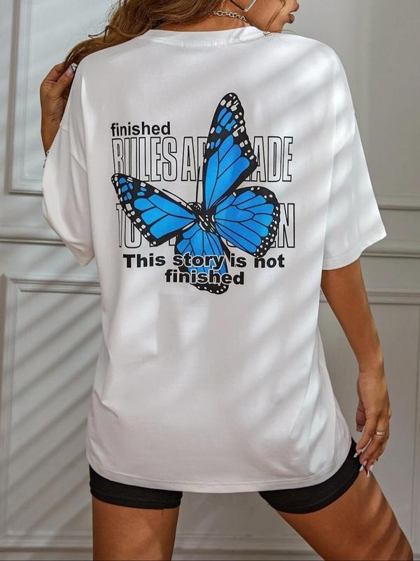 Women'WB shield Butterfly & Letter Print Drop Shoulder Tee, Summer TNF Women, Casual Fashion Round Neck Half Sleeve...