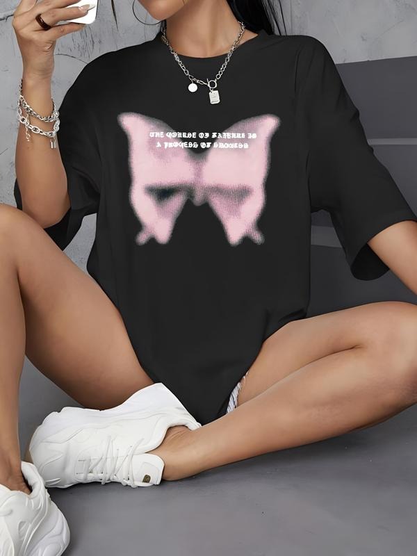 Women'WB shield Butterfly & Letter Print Drop Shoulder Tee, Summer TNF Women, Casual Half Sleeve Round Neck T-Shirt for...