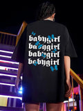 Women'WB shield Butterfly & Letter Print Drop Shoulder Tee, Summer TNF Women, Casual Round Neck Half Sleeve T-Shirt for...