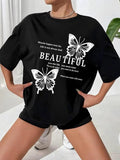 Women'WB shield Butterfly & Letter Print Drop Shoulder Tee, Summer TNF Women, Casual Round Neck Short Sleeve T-Shirt for...