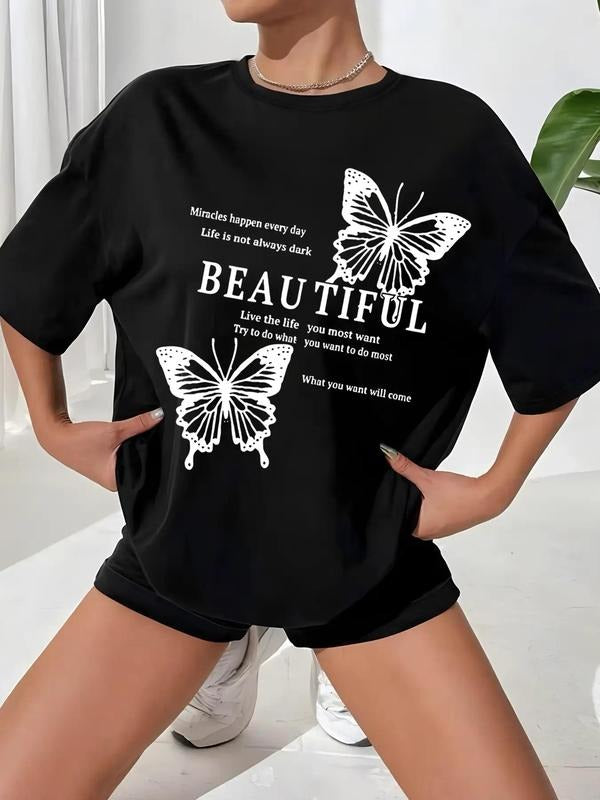 Women'WB shield Butterfly & Letter Print Drop Shoulder Tee, Summer TNF Women, Casual Round Neck Short Sleeve T-Shirt for...