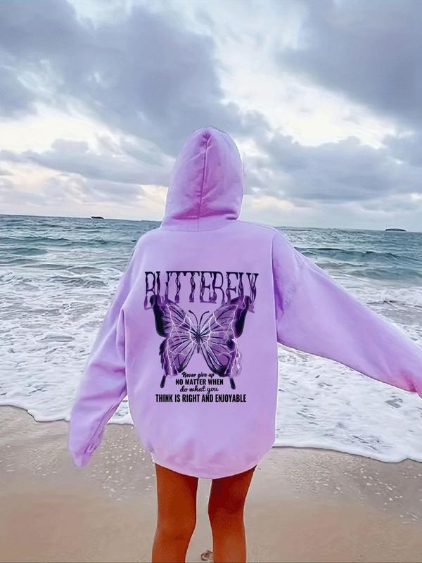Women'WB shield Butterfly & Letter Print Hoodie, Casual Long Sleeve Hooded Sweatshirt for Fall & Winter, Women'WB shield...