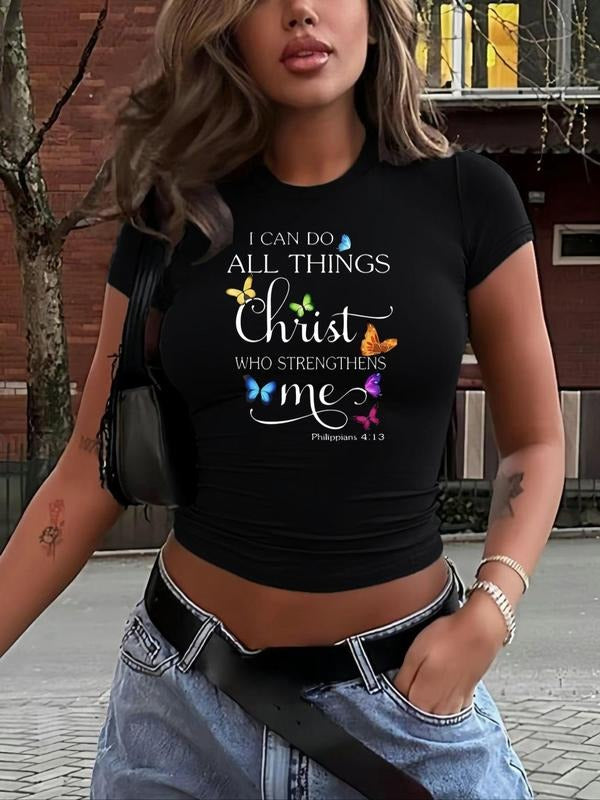 Women'WB shield Butterfly & Letter Print Round Neck Crop Tee, Fashion Casual Short Sleeve T-shirt for Daily Holiday...