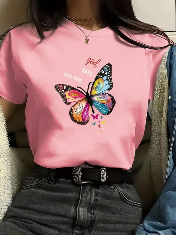 Women'WB shield Butterfly & Letter Print Round Neck Graphic Tee, Vintage Trendy Casual Short Sleeve T-shirt for Daily...