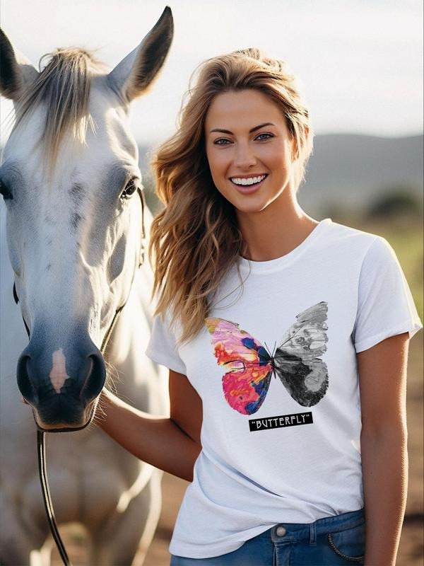 Women'WB shield Butterfly & Letter Print Round Neck Tee, Casual Short Sleeve Crew Neck T-Shirt for Daily Wear, Ladies TNF...