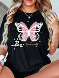 Women'WB shield Butterfly & Letter Print Round Neck Tee, Fashion Casual Crew Neck Short Sleeve T-Shirt for Daily Holiday...