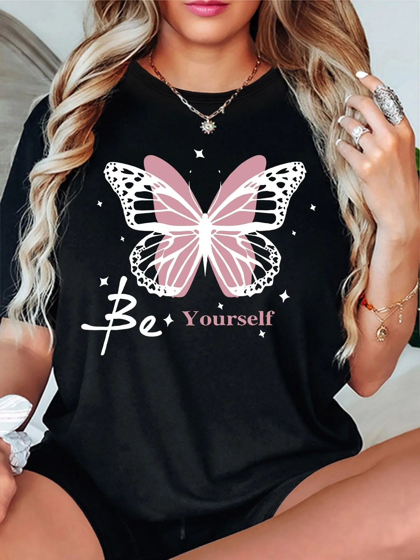 Women'WB shield Butterfly & Letter Print Round Neck Tee, Fashion Casual Crew Neck Short Sleeve T-Shirt for Daily Holiday...