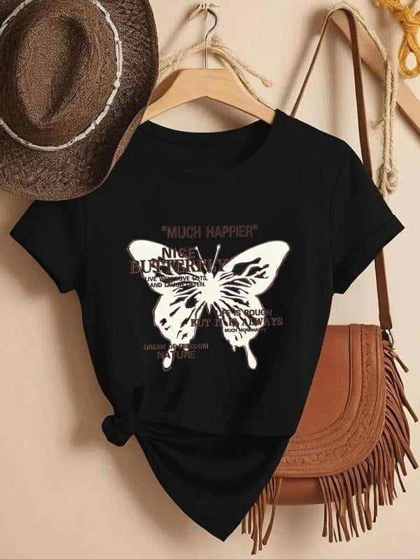 Women'WB shield Butterfly & Letter Print Round Neck Tee, Fashion Casual Crew Neck Short Sleeve T-shirt for Daily Holiday...