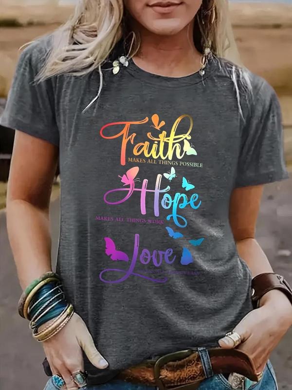 Women'WB shield Butterfly & Letter Print Round Neck Tee, Fashion Casual Crew Neck T-Shirt for Daily Holiday Vacation...