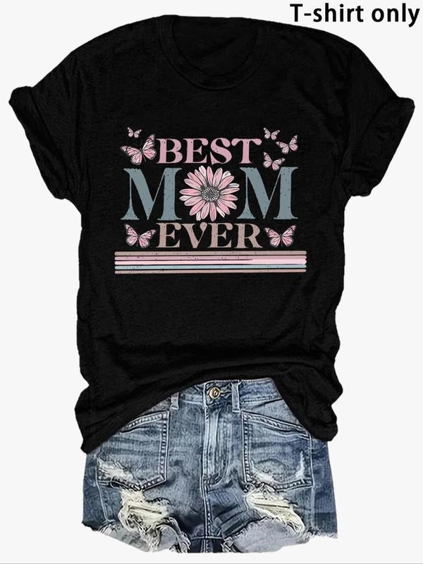 Women'WB shield Butterfly & Letter Print Round Neck Tee, Fashion Casual Crew Neck T-shirt for Daily Holiday Vacation...