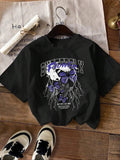 Women'WB shield Butterfly & Letter Print Round Neck Tee, Fashion Casual Drop Shoulder Short Sleeve T-shirt for Daily...