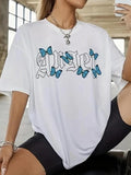Women'WB shield Butterfly & Letter Print Round Neck Tee, Fashion Casual Drop Shoulder Short Sleeve T-shirt for Daily...
