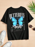 Women'WB shield Butterfly & Letter Print Round Neck Tee, Fashion Casual Drop Shoulder T-shirt for Daily Wear, Ladies TNF...