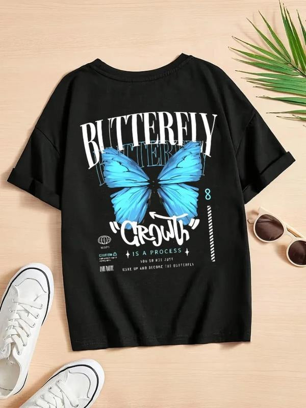 Women'WB shield Butterfly & Letter Print Round Neck Tee, Fashion Casual Drop Shoulder T-shirt for Daily Wear, Ladies TNF...