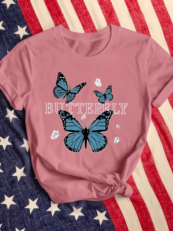 Women'WB shield Butterfly & Letter Print Round Neck Tee, Fashion Casual Short Sleeve T-shirt, Ladies Summer TNF for Daily...