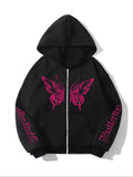 Women'WB shield Butterfly & Letter Print Zip Up Hoodie, Fashion Casual Long Sleeve Hooded Sweatshirt for Daily Holiday...