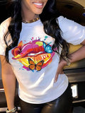 Women'WB shield Butterfly & Lip Print Short Sleeve Tee, Graphic Round Neck T-shirt for Summer, Fashion Casual Women'WB...
