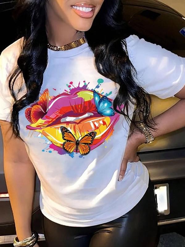 Women'WB shield Butterfly & Lip Print Short Sleeve Tee, Graphic Round Neck T-shirt for Summer, Fashion Casual Women'WB...